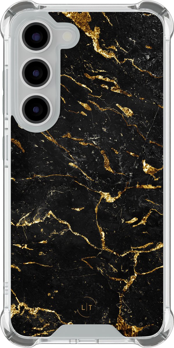 Shockproof hoesje - Geschikt voor Samsung Galaxy S23 - Marmer zwart goud - Extra sterke case - TPU/polycarbonaat - Marmer - Zwart, Goud, Transparant