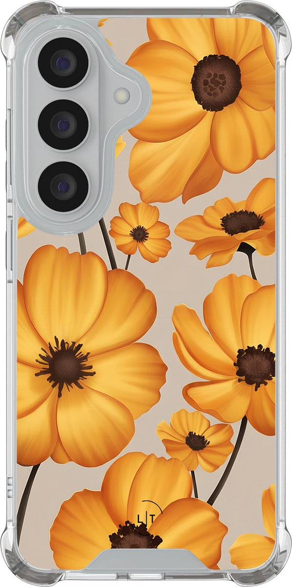 Shockproof hoesje - Geschikt voor Samsung Galaxy S26 - Golden bloom - Extra sterke case - TPU/polycarbonaat - Bloemen - Geel, Transparant
