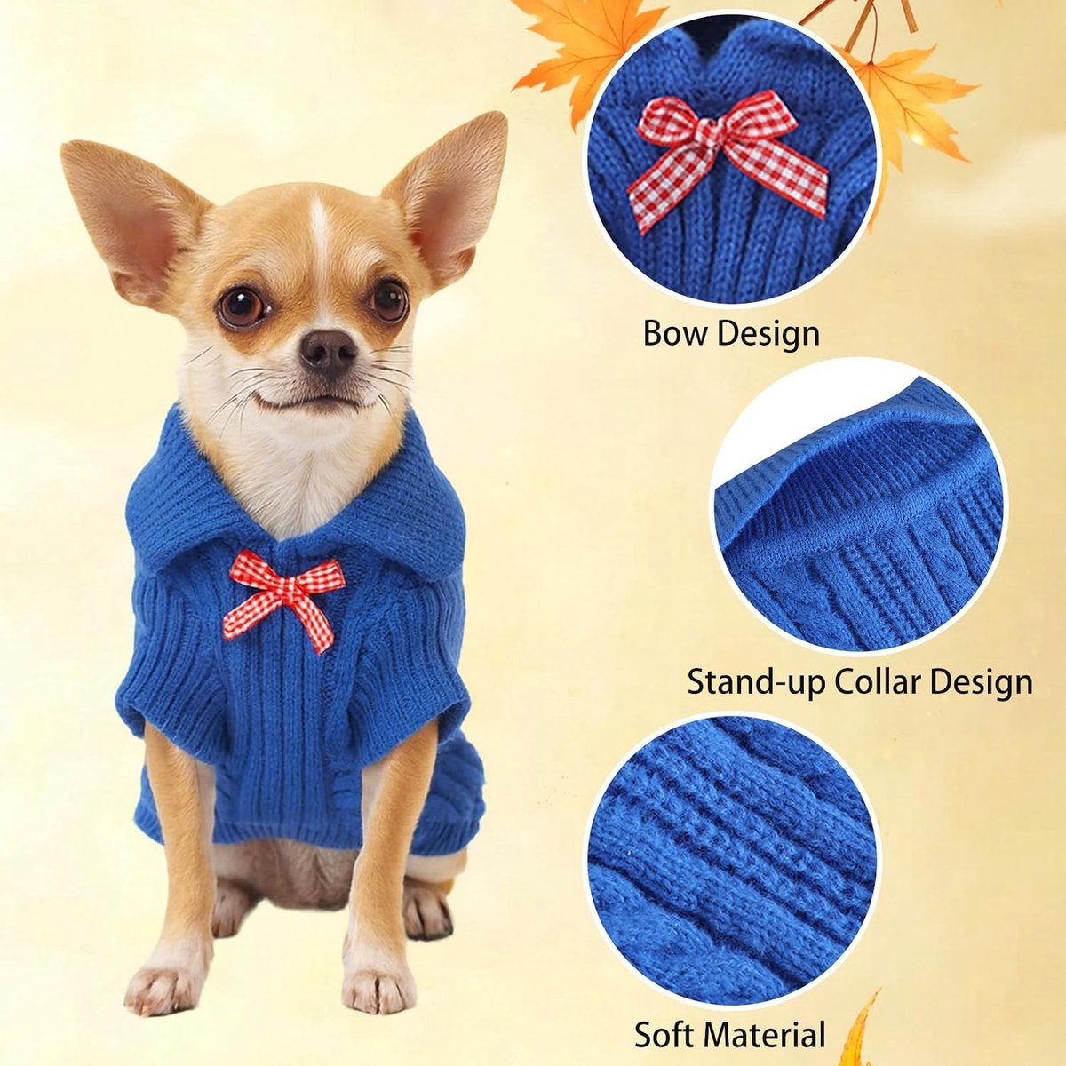 Honden- en kattentrui van gebreid materiaal met kraag en strik, warm jasje voor herfst en winter, maat L