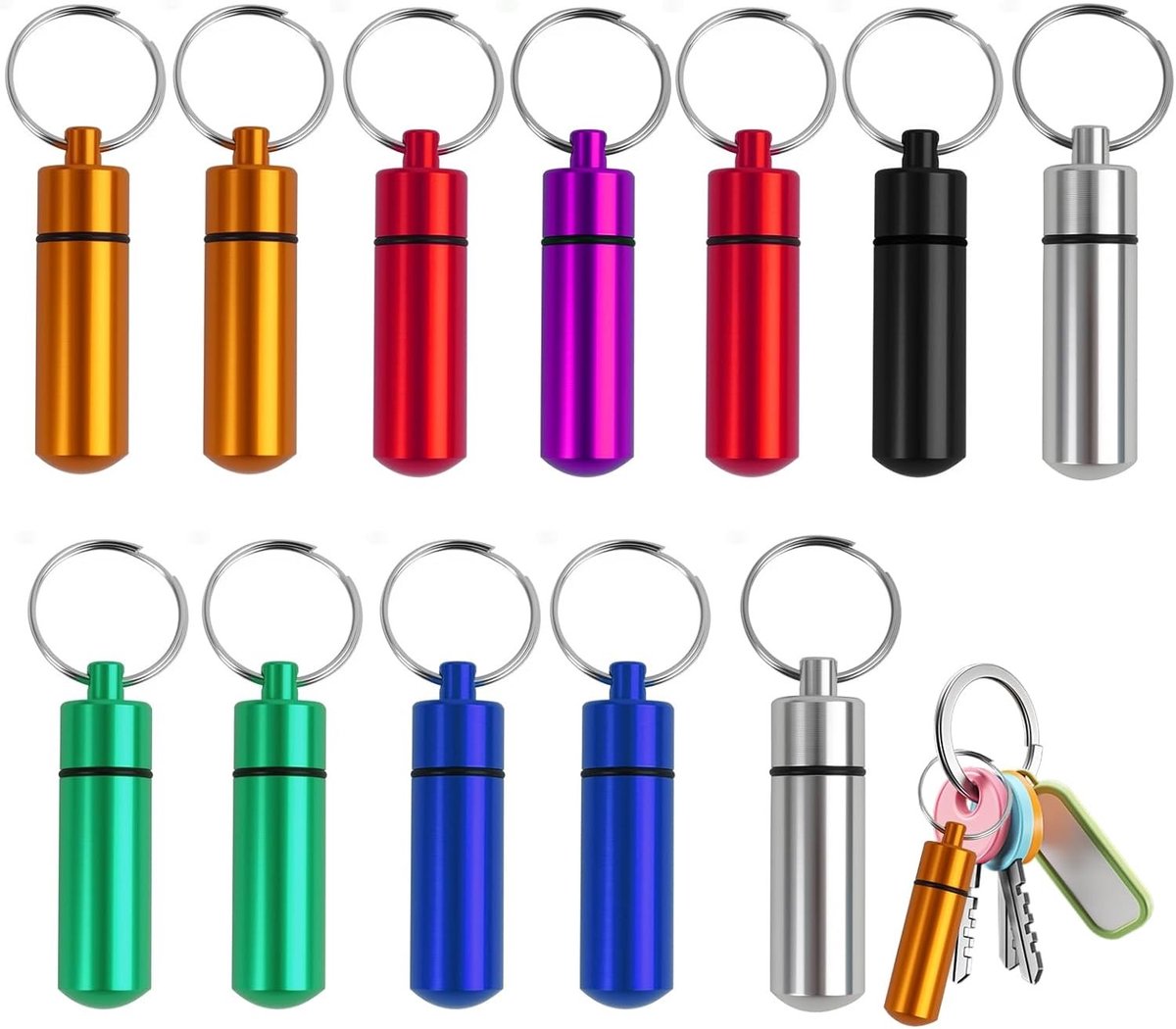 Kleurrijke Pillendozen Sleutelhanger - 12 Stuks Waterdichte Pillencontainers voor Reizen, Camping en Outdoor Activiteiten in 8 Verschillende Kleuren