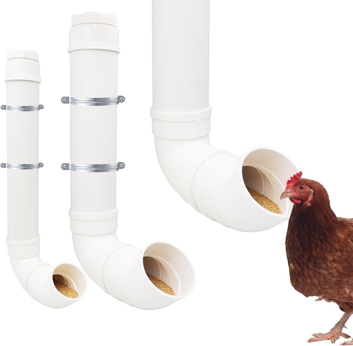 Grote en kleine zwaartekracht PVC-voeders voor gevogelte - 2 stuks kippenvoerset zonder afval, ideaal voor kippen, eenden en kalkoenen