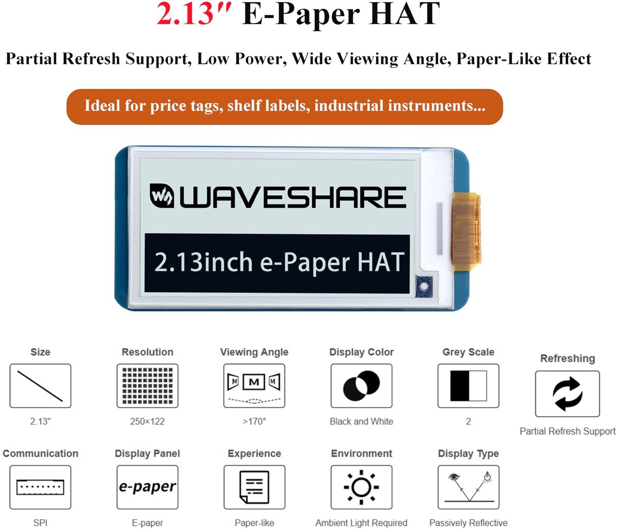 E-Ink Display HAT 2,1 inch - 250x122 Pixel - zwart/wit weergave - ideaal voor Raspberry Pi en Jetson Nano - ShopVlot