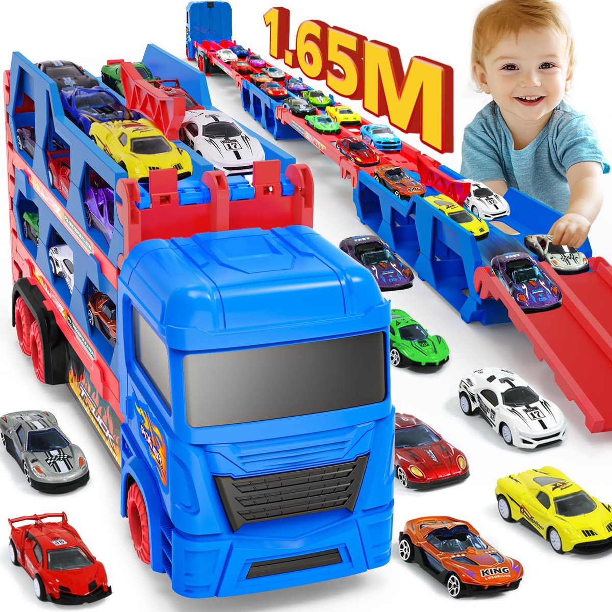 Vrachtwagenspeelgoed 165 cm - opvouwbare transporttruck - met 10 speelgoedauto's - leuk voor kinderen van 2 tot 6 jaar - ShopVlot
