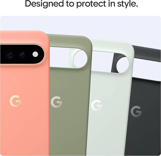 Vier Google Pixel telefoonhoesjes in roze, groen, lichtgroen en zwart, met het Google G-logo.