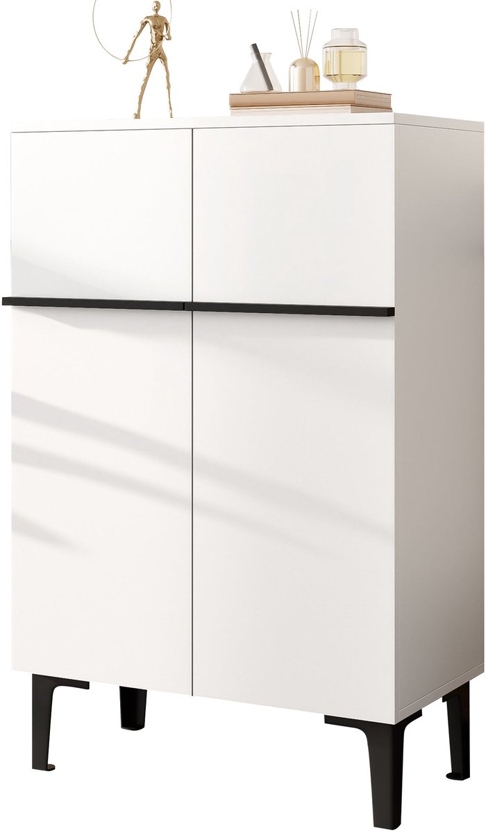 Merax Schoenenkast - 60 x 34,5 x 95 cm - Wit en Zwart - 2 Deuren - Verstelbare Legplanken - Smalle Opbergkast voor Hal