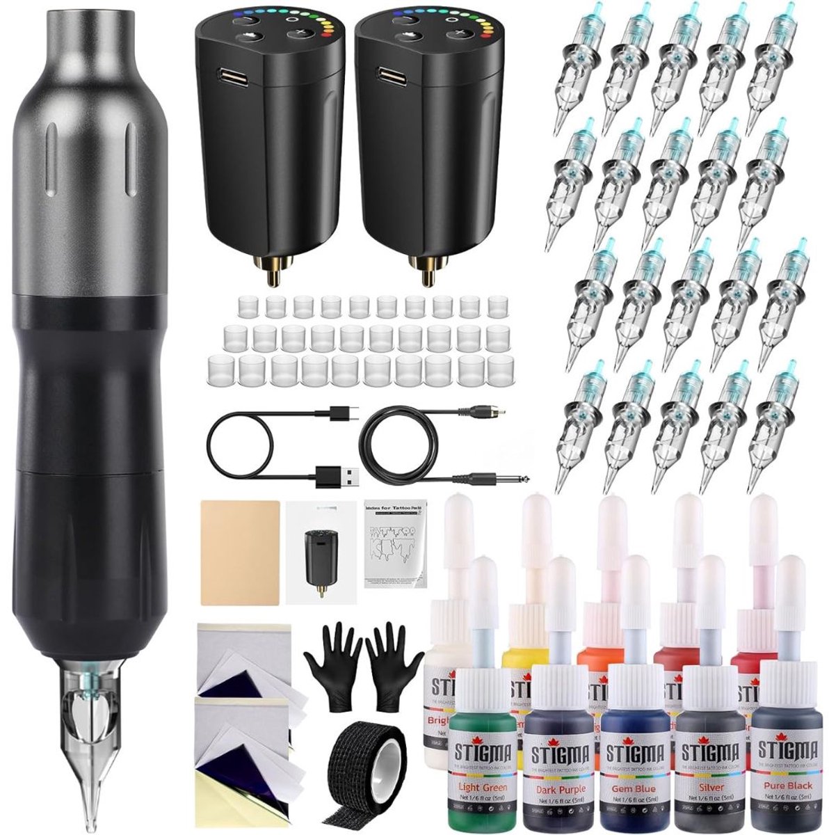 TYR® Tattoo Machine - Tattoo Machine met Accessoires - 20 Stuks - Tattoo kit Draadloos - Zwart - 23cm x 17cm x 8cm