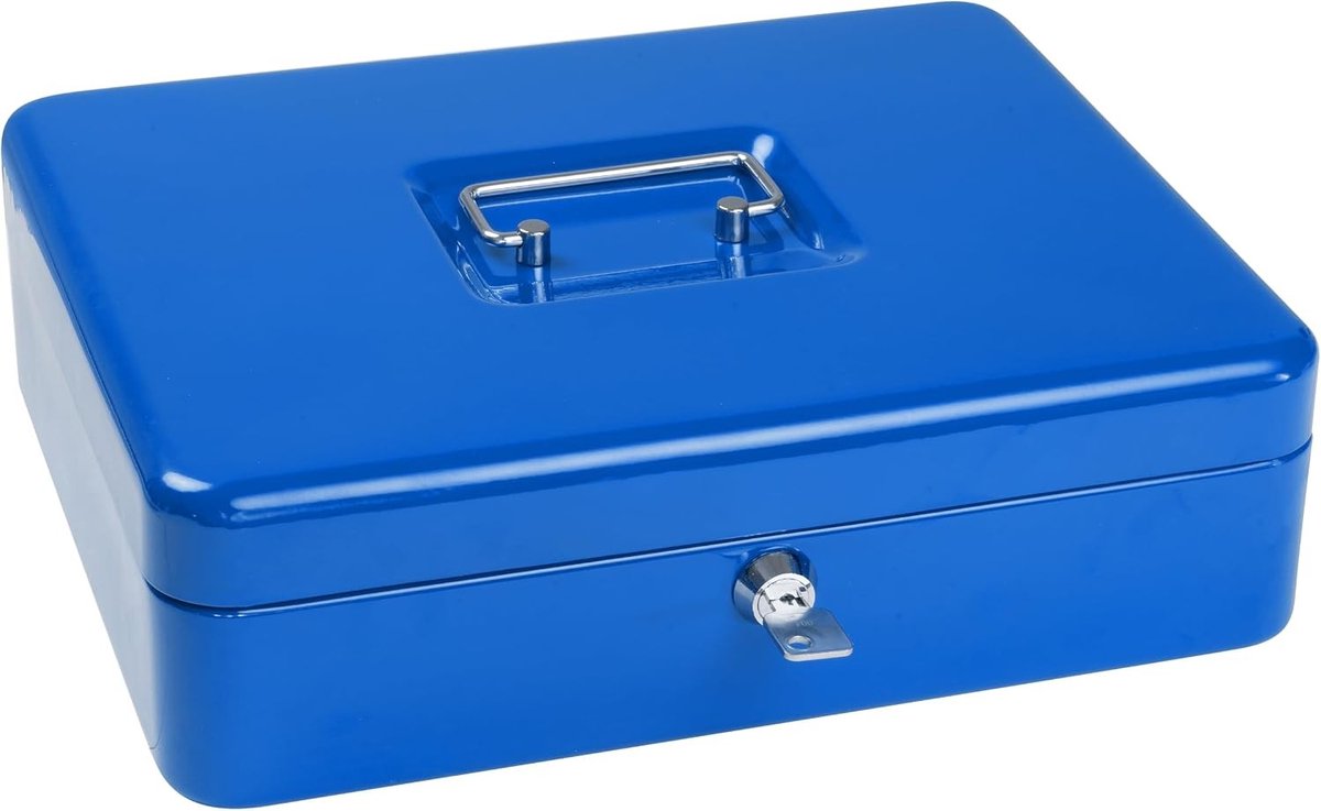 Geldcassette - Blauw - 30 x 24 x 9 cm - Naadloos Plaatstaal met Veiligheidsslot - Voor Geld en Munten