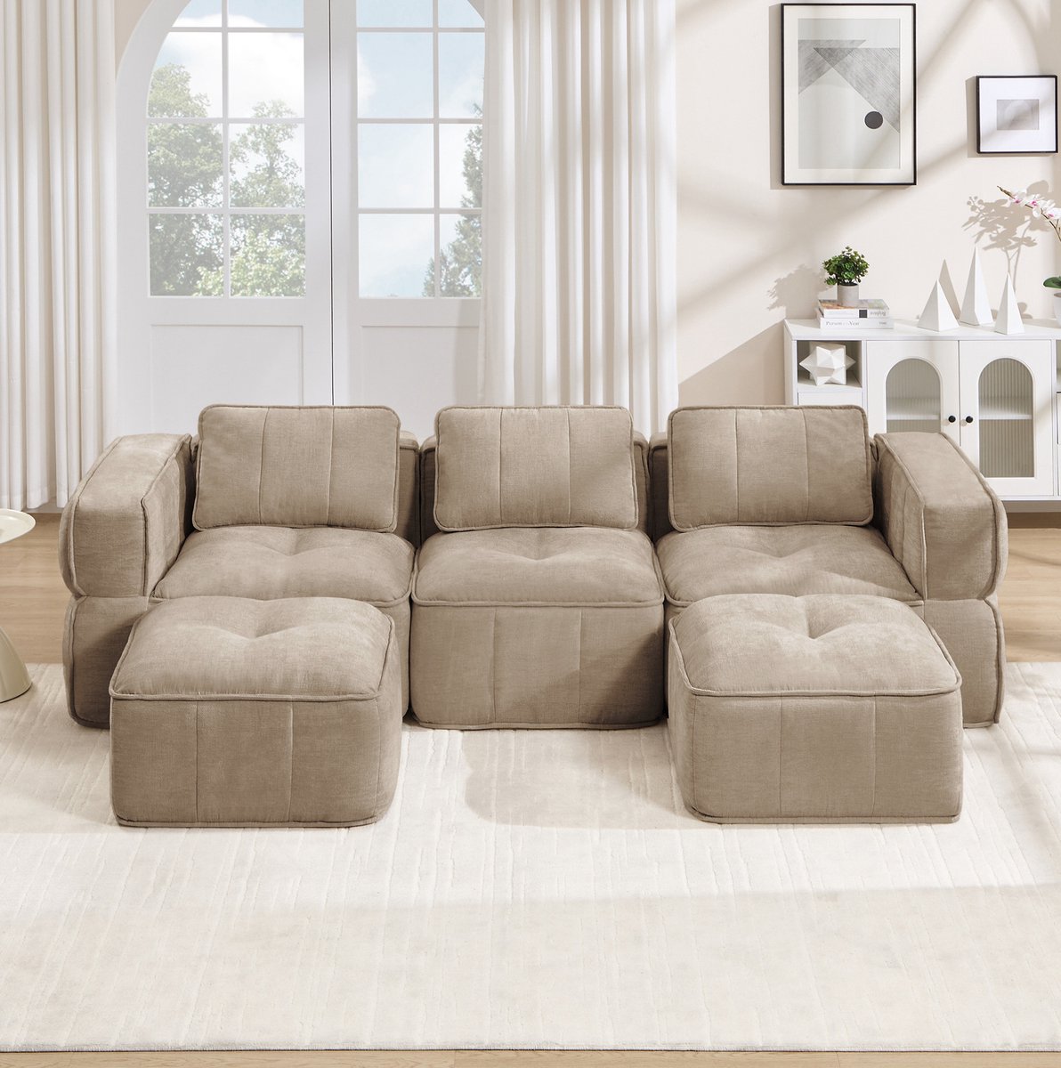 DESMIU U-Bank 271 Cm - 3-Zits Modulsofa Met 2 Hockers En 32D Hoogdicht Schuim - Voor Woonkamer - Polyester - Sand