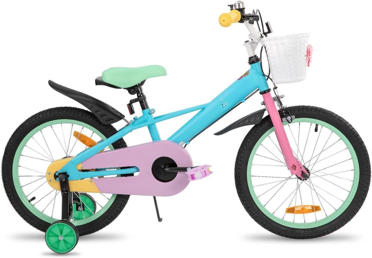 Allvia® Kinderfiets 18 Inch - Kinderfiets 16 Inch - Fiets - met Mand en Stabilisatoren - voor Meisjes en Jongens - Veelkleurig - ‎103 cm x 49 cm x 22 cm