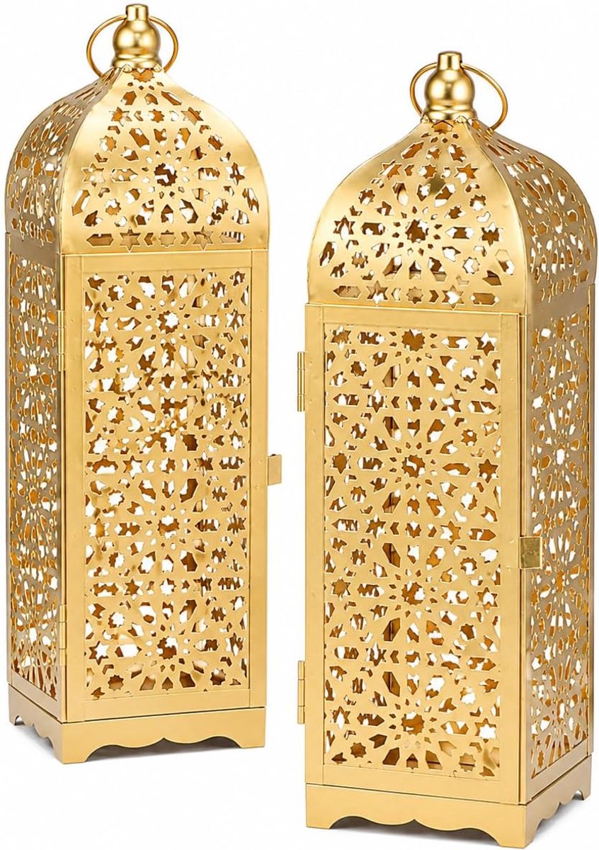 Moroccan Lantern 30cm H Metal Decorative Candle Lantern for Home Living Room Garden Party Events Tablet Indoor (Gold) - ShopVlot