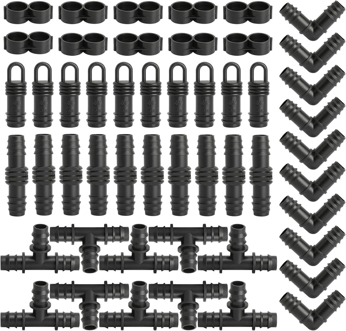 Set van 50 Slangkoppelingen, 16 mm, Drip Irrigation Kit met T-stuk, Slangverbinder, Eindstuk en Reducer voor Tuinirrigatie, Polyethyleen Slang en Tuinonderhoud