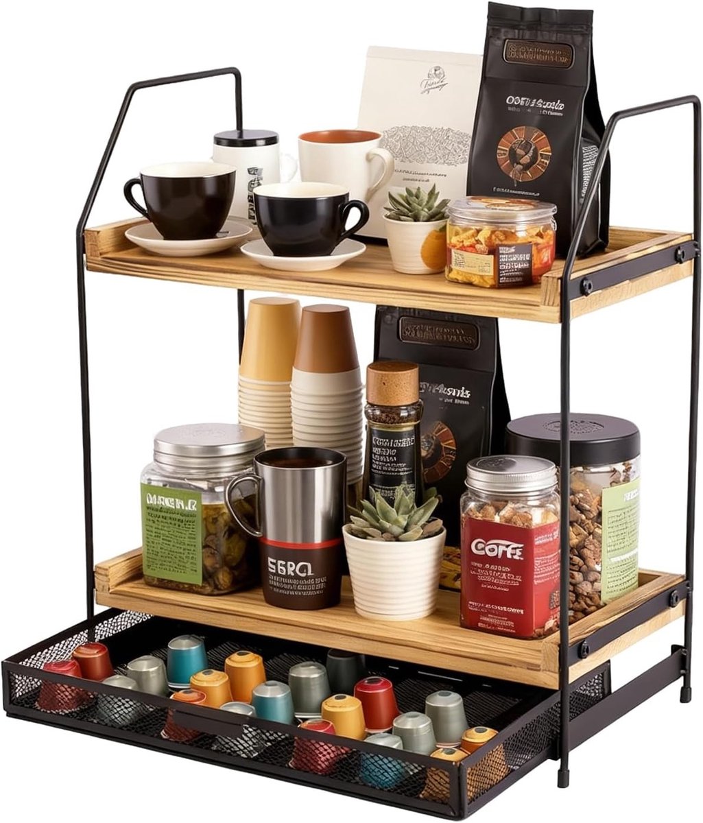 Organisator voor Koffie met Podopslag, 2-laags Koffiestation met Houder voor Koffiecups, Mokkenhouder en Opbergruimte voor Koffieaccessoires van Hout en Metaal