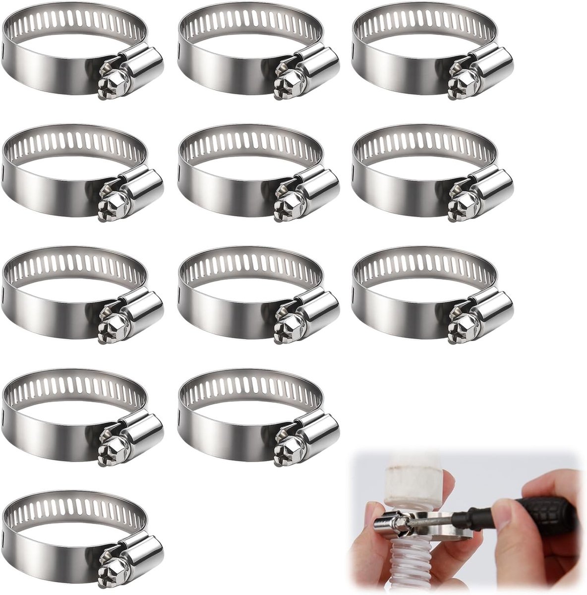 Set van 12 RVS Slangklemmen, 3 Diameter 21-44 mm, Duurzame Klemmen voor Slangen, Kabels en Afvoeren, Flexibel en Herbruikbaar