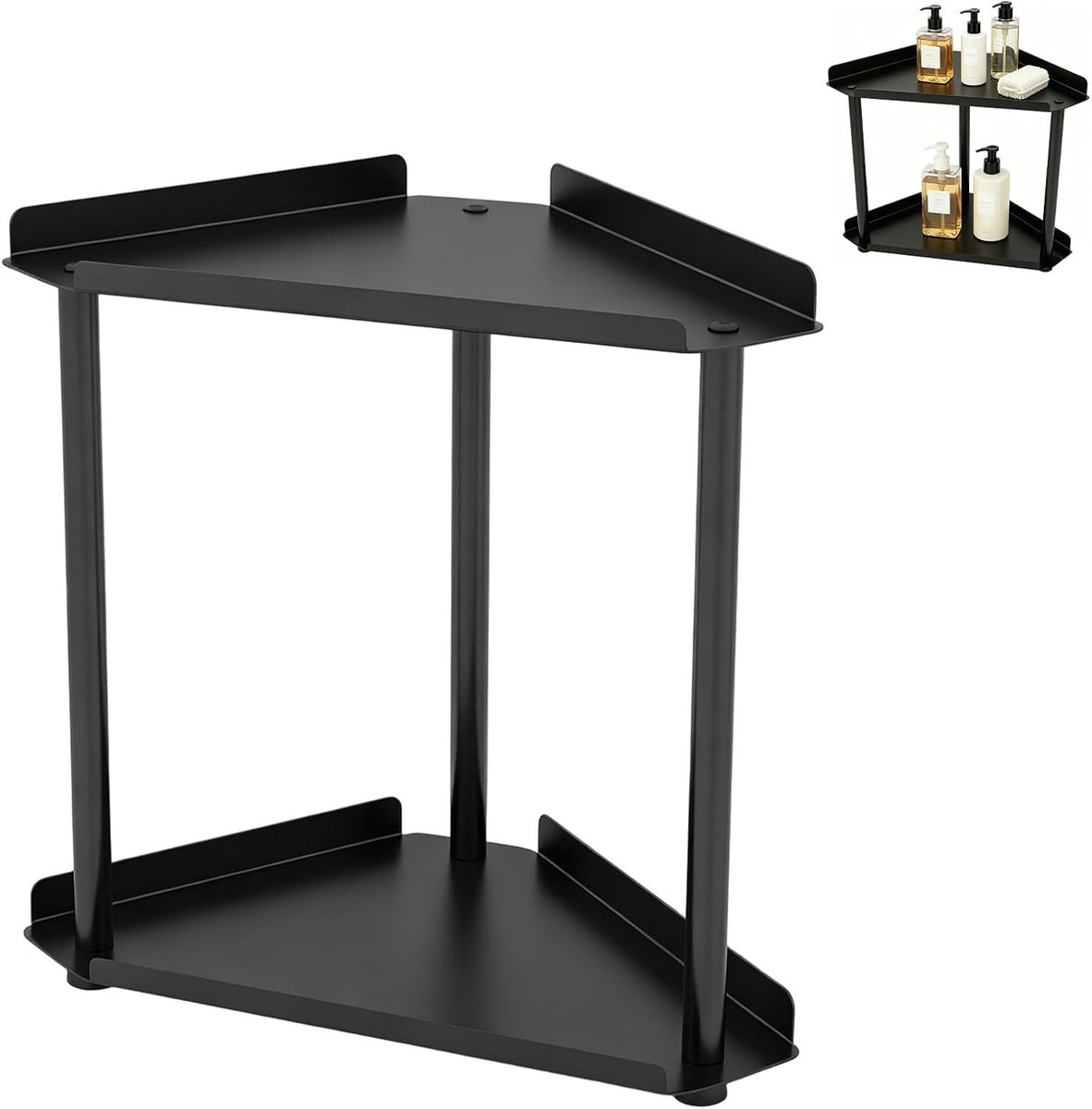 Hoekrek met 2 Niveaus voor Badkamer en Keuken, Stalen Staande Plank, Organiser voor Verzorging, Cosmetica en Parfum (Zwart)
