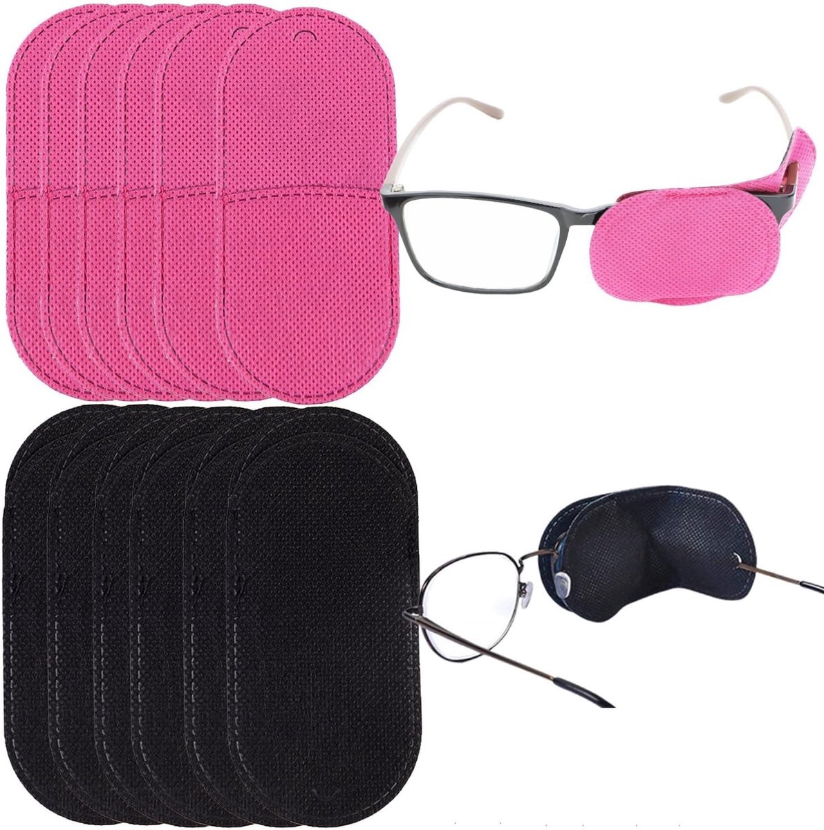 Set van 12 Oogpleisters voor Brillen, Niet-Geweven Stof, Grote Oogpleisters voor Links, Voor Luie Ogen, Amblyopie en Strabismus, Verbeter Je Zicht (Roze Zwart)
