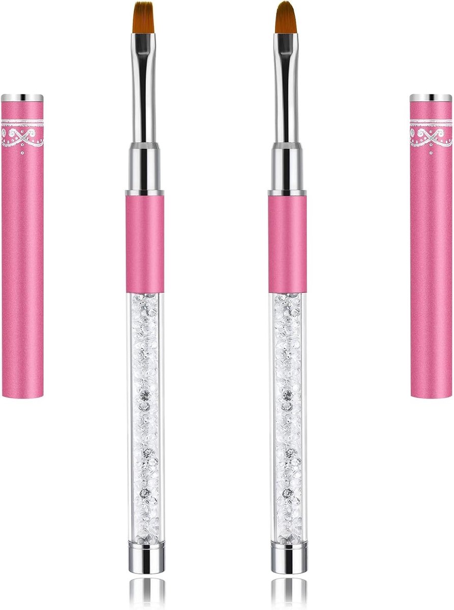 Set van 2 Ovalen en Platte Gel Nagelkwasten met Strass Handvat voor Nagelkunst en Nagelontwerp, Inclusief Reinigingskwast en Tekenpen voor Perfecte Nagels