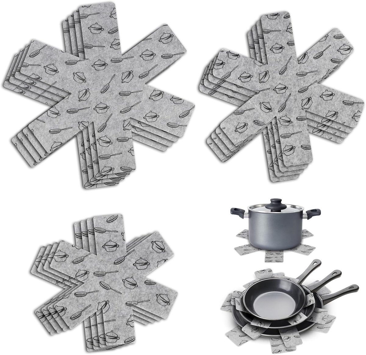 Set van 12 Potbeschermers, Stacking Bescherming met 3 Maten, Warmtebestendige Vilt Potbeschermers voor Pannen, Potten en Keukenaccessoires