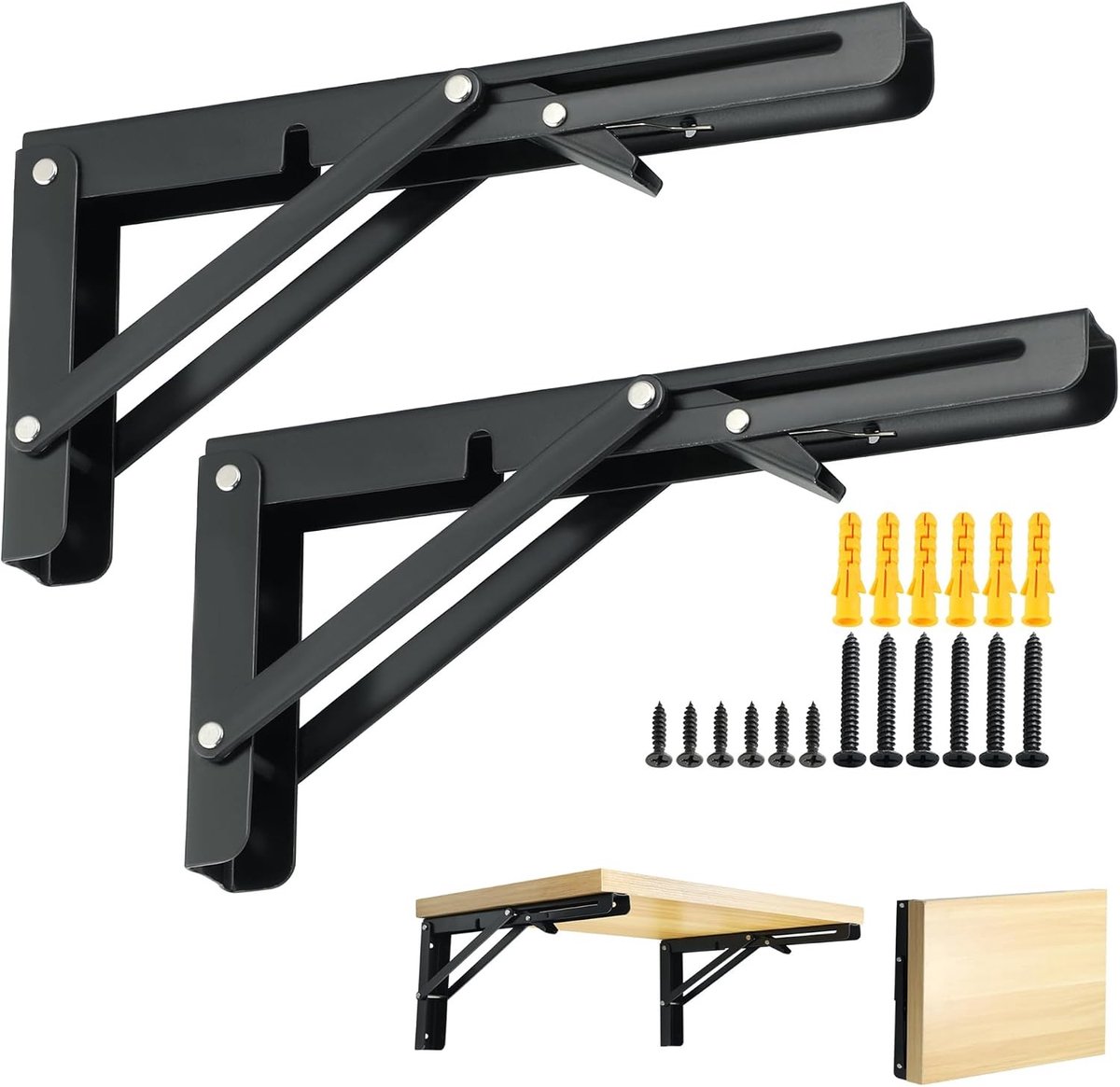 2 Stuks 25.2 cm Metalen Hoekplankdragers, Vouwbare Hoekplank, RVS, Zware Belasting, Wandmontage, Zwart, Ideaal voor Ruimtebesparing en Organisatie