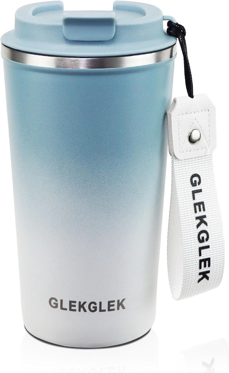 Duurzame Reismok 500ml met Deksel en Draagriem, Blauw-Witte Verloop voor Koffie en Thee