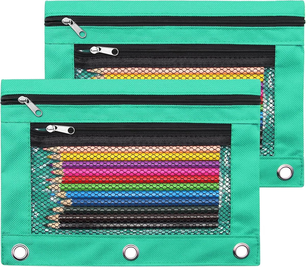 Pennenzak met ritssluiting - canvas - groen - moderne organizer met 3 ringen - ShopVlot