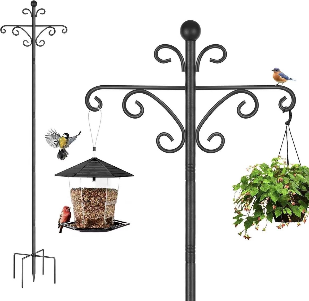 Hangende Vogelvoederstation van 196 cm met Sterke Metalen Steunen, Inclusief Verlichting en Mandjes, Zwart, 1 Stuk voor Tuin en Balkon