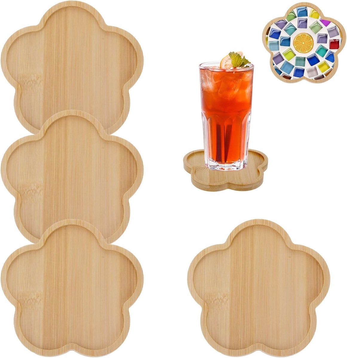Mosaic Knutselset voor Kinderen - 4 Stuks, Bamboe Coasters en Holle Onderdelen in Bloemvorm - Creatief en Educatief Speelgoed
