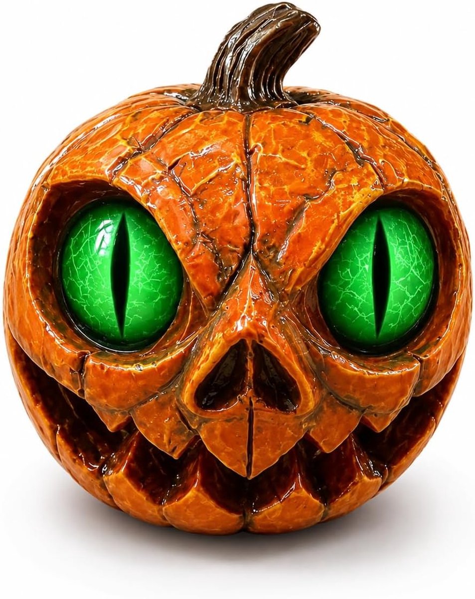 Casalora® Halloween Decoratie Pompoen – Resin Jack O Lantern Beeld met Kattenoog Design – Horror Tafeldecoratie voor Bureau, Plank, Mantel en Halloween Feest – Groen
