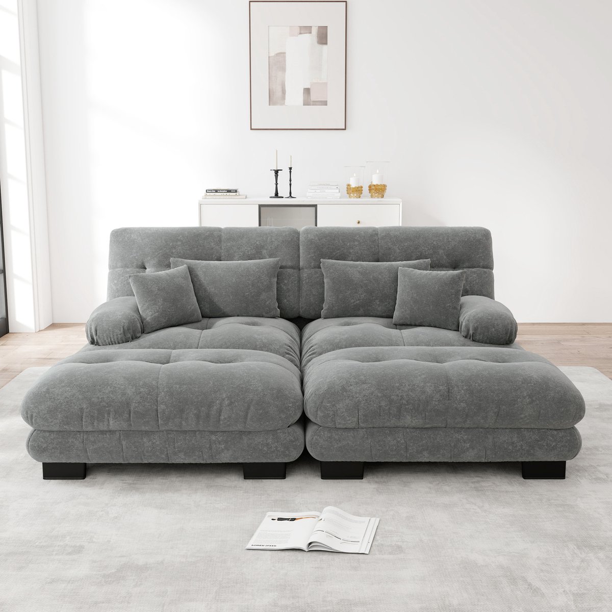 MODENUIT Hoekbank 220 x 145 x 81 cm - Modulair Met 2 Ottomans, 2 Lendenkussens En 2 Sierkussens - Grijs Chenille