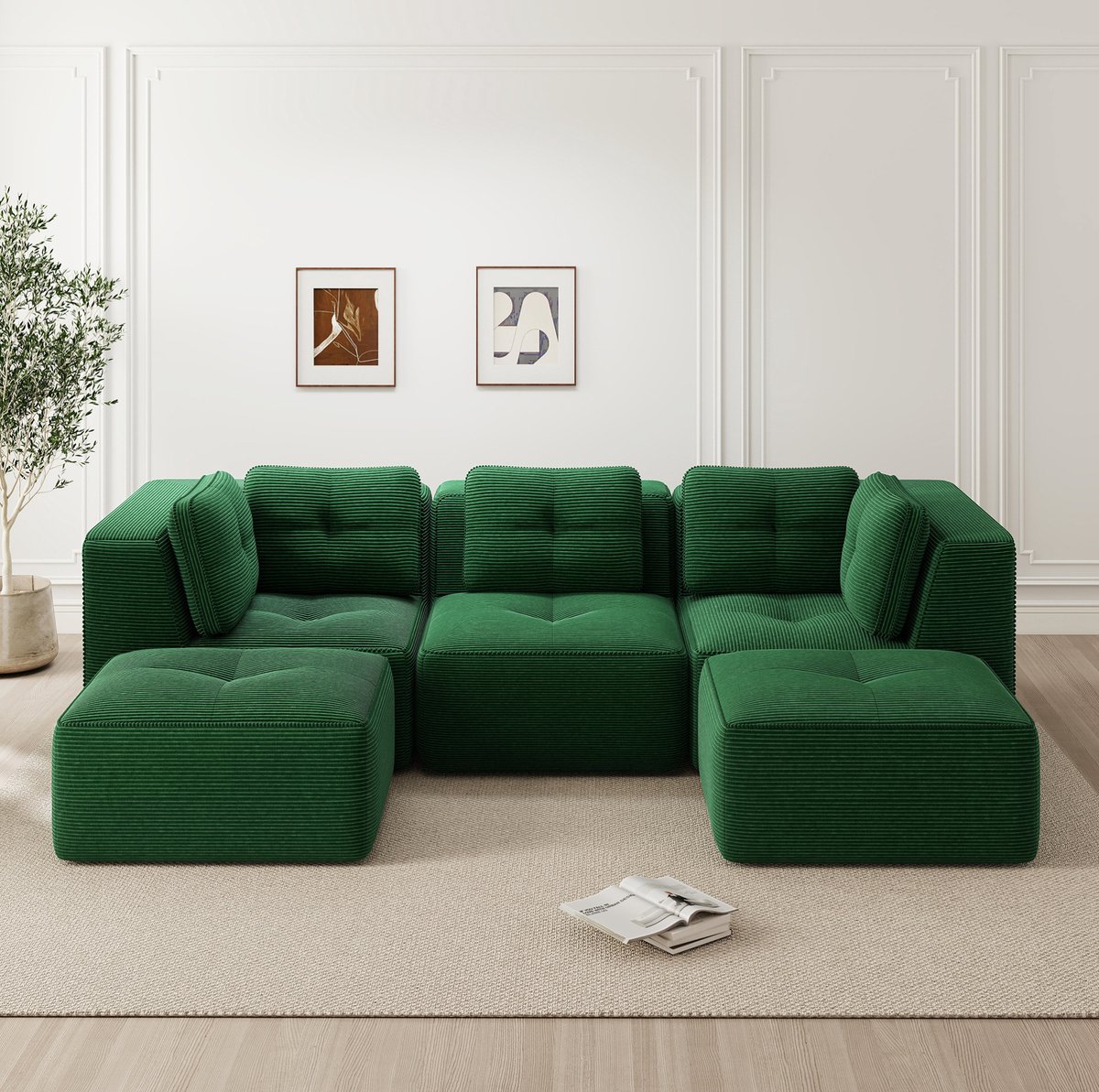 MODENUIT Hoekbank 297 cm - Modulaire 3-Zits Met Ottomane En Zonder Montage - Woonkamer - Corduroy - Groen