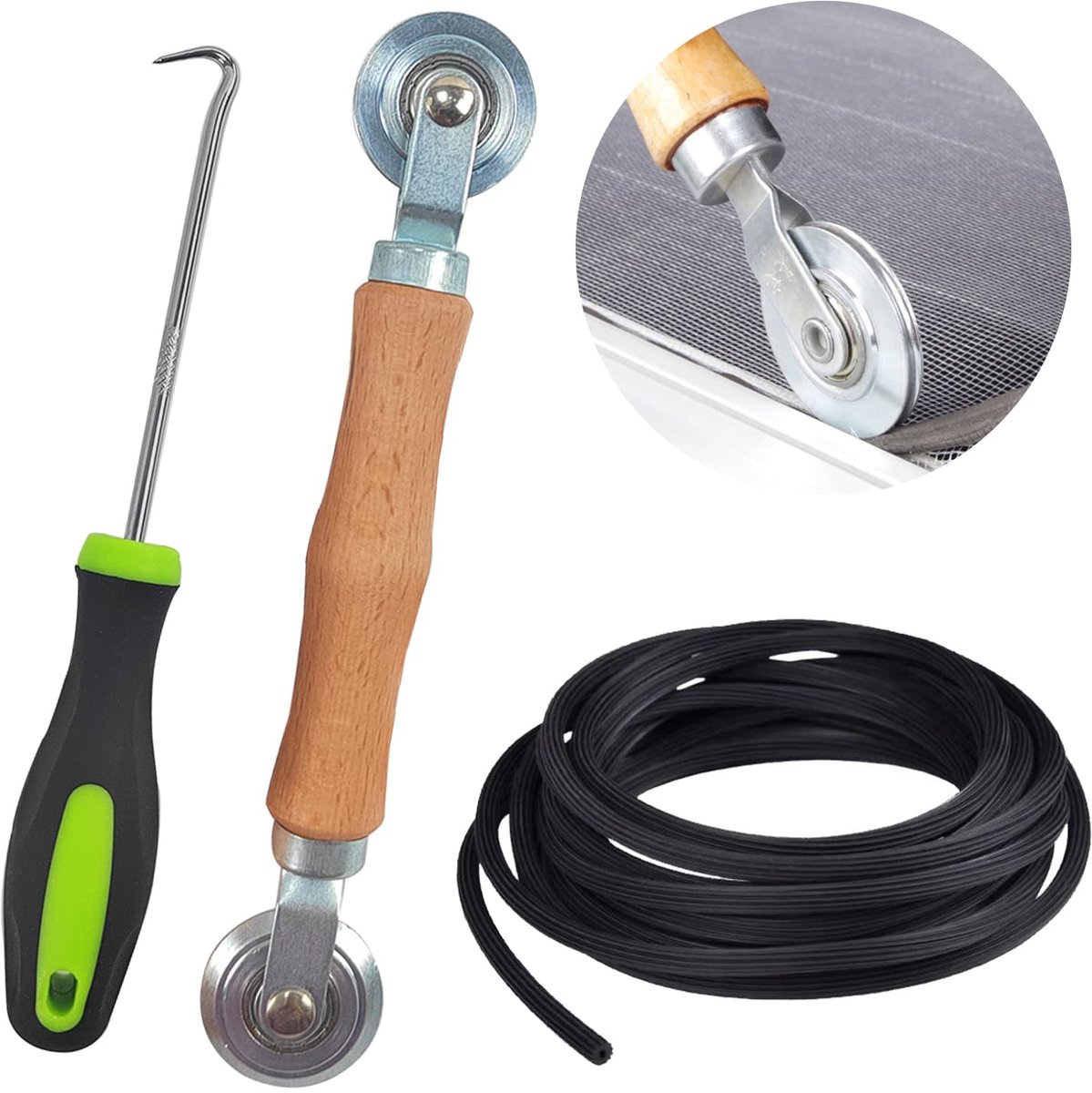 Afdichtintrekbare roller 15 m x 5 mm - houten handvat - rubberen biesband - ideaal voor vliegengaas - ShopVlot