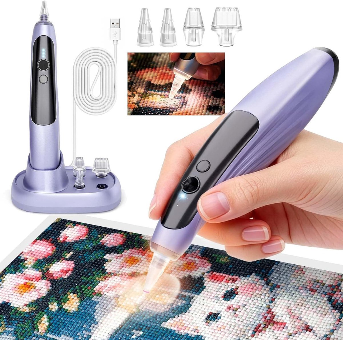 Verte Elektrische Diamond Painting Pen - Draadloos Met Verlichting - 3 Instelbare Zuigkrachtniveaus - Oplaadbare Diamantverfpennen Met 2-In-1-Oplaadstation En Vervangbare Puntjes - Diamantkunstsets Voor Volwassenen