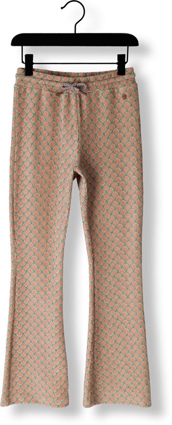 Pantalon évasé en velours côtelé avec imprimé d'écailles rose saumon et vert menthe. Ceinture à cordon.
