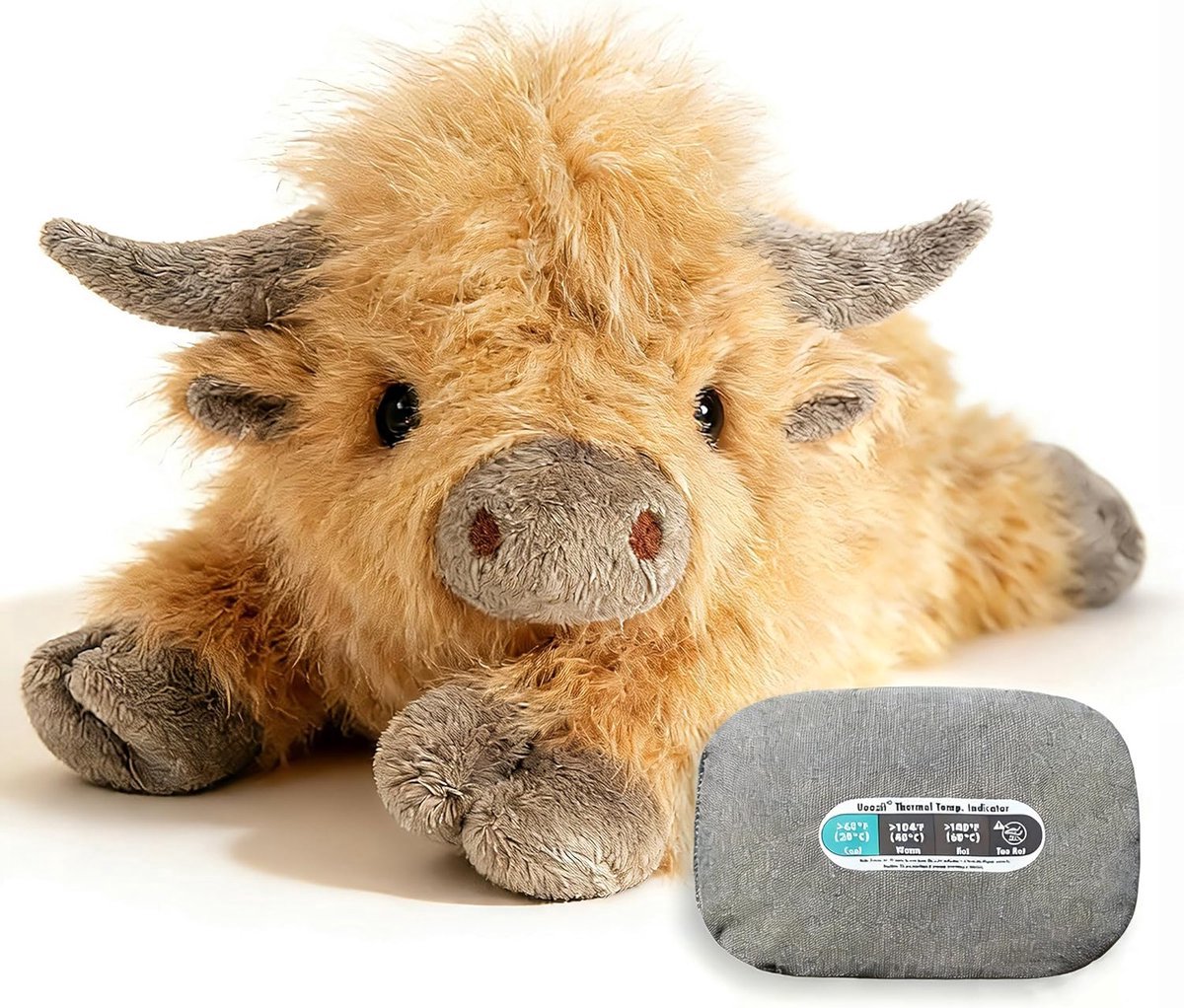 Casalora Pluche Knuffel – Schotse Hooglander Koe Knuffel met Verwarmbaar & Verkoelend Warmtekussen – 45 cm – Hooglandkoe Pop – Lichtbruin Lang Pluizig Haar – Cadeau voor Kinderen