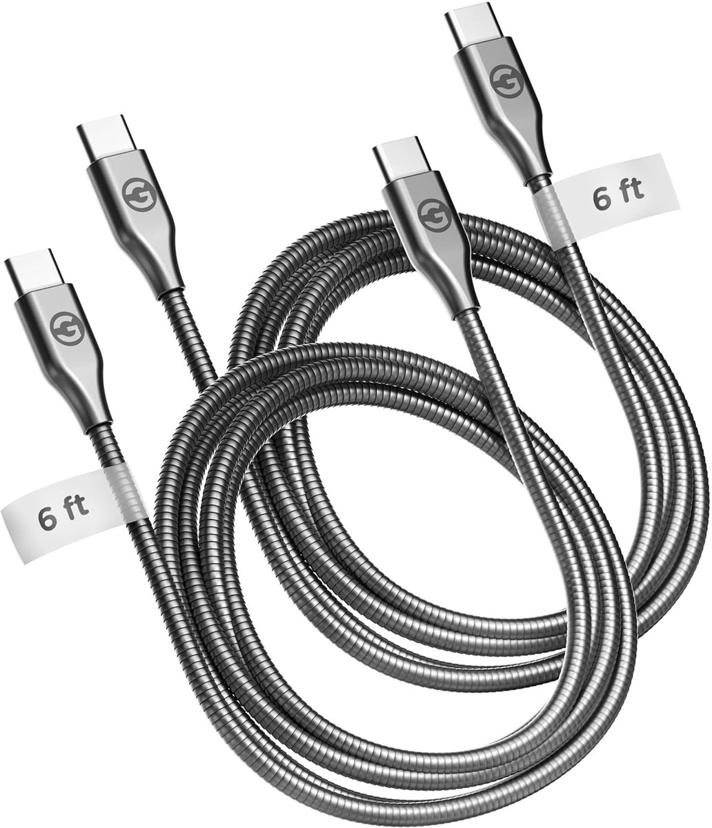SnelShoppen - Pet Bestendige USB-C naar USB-C Oplaadkabels (2 Stuks) - 1,8m Gevlochten Metaal Ultra Duurzaam Type C Oplaadkabels (Gunmetal) voor Thuis