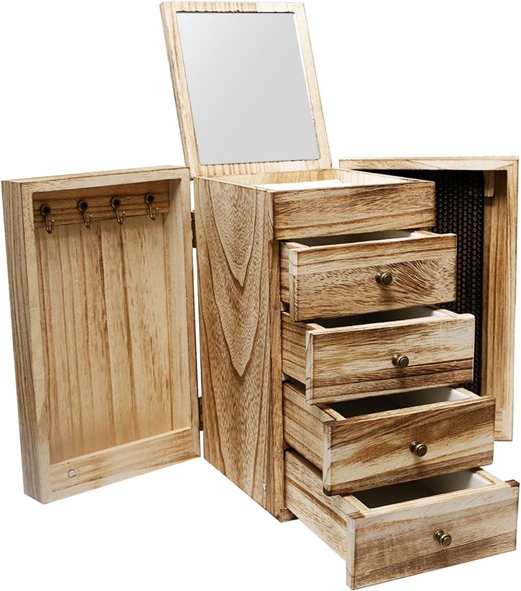 Houten Sieraden Organizer met Spiegel - 5-Lagen Sieradenopslag met 4 Lades voor Dames en Meisjes - Perfect voor Kettingen, Oorbellen en Armbanden