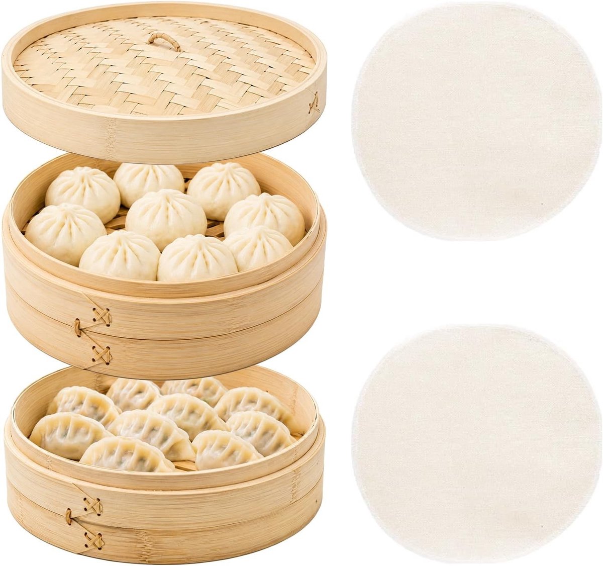 2-laags stoommandje van bamboe Ø 24 cm met deksel en 2 katoenen doeken voor gezond stomen van groenten, dumplings en rijst