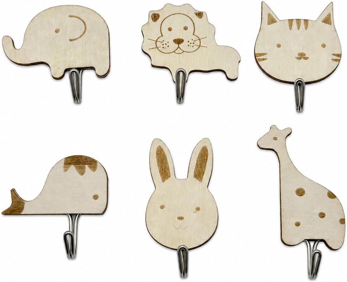 Schattige dieren wandhaken voor kinderen - 6 stuks, houten kledinghaken, muurhaken voor kinderkamer en jassen