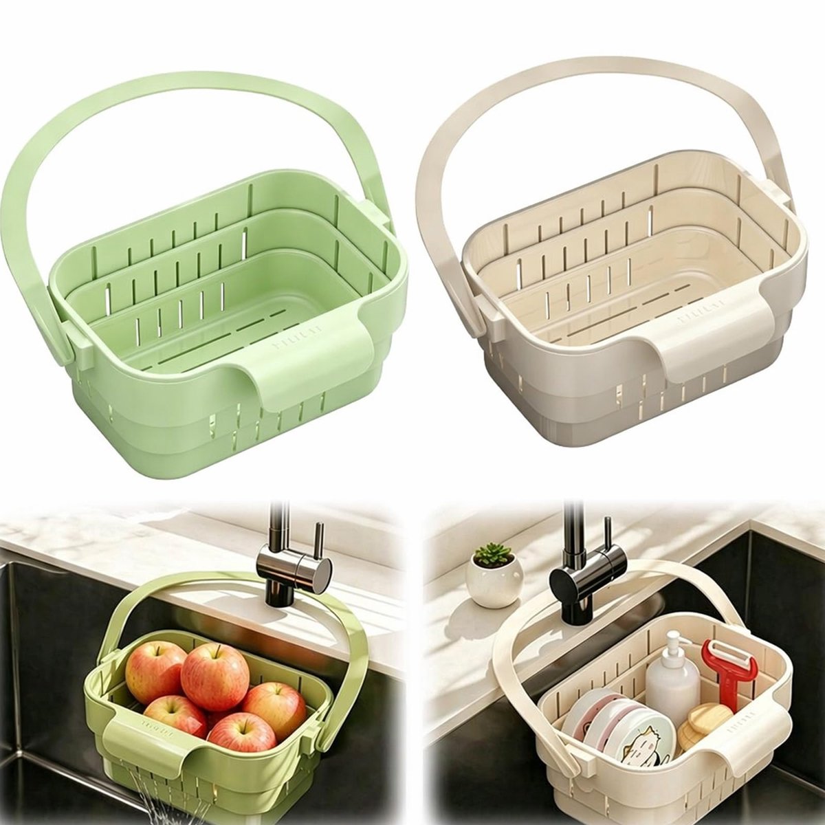 Spoelbakorganizer set van 2 - wit en groen - uittrekbaar en opvouwbaar - ruimtebesparend voor woning en camping - ShopVlot