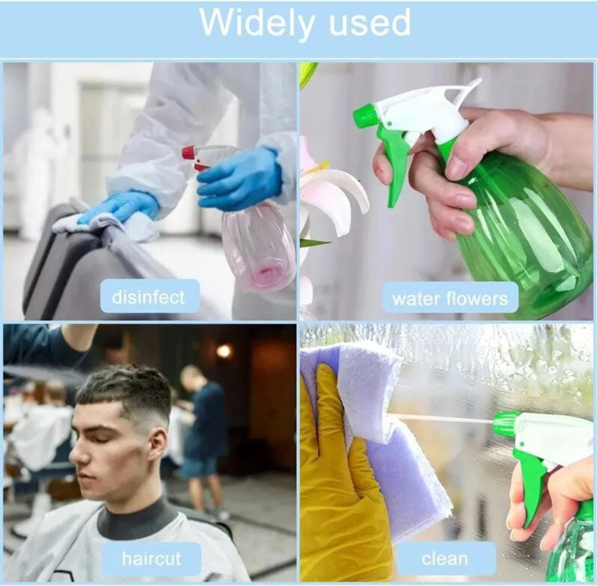 Set van 3 spuitflessen van 500 ml, verkrijgbaar in gekleurd en transparant, herbruikbaar, Geschikt voor sproeikop, twee sproeistanden, Geschikt voor thuis, schoonmaken, tuinieren en haarverzorging.
