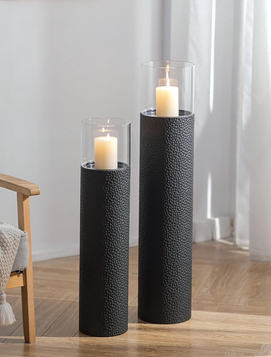 Set van 2 Zwarte Vloercandelaars voor Thuisdecoratie - Hurrikan Kaarsenhouders van 85/70 cm als Grote Vloerdecoraties voor Woonkamer, Open Haard en Buitengebruik