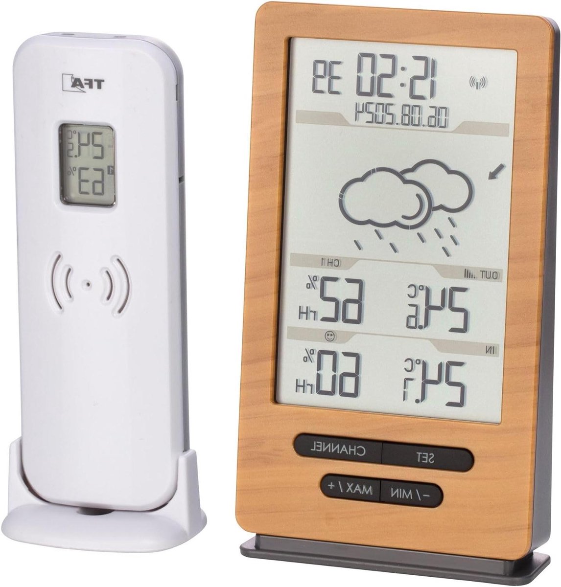 Draadloos Weerstation - Buitensensor Klok - Weersvoorspelling Binnen - Radiogestuurde Klok - 100m Bereik - Houtlook Zwart