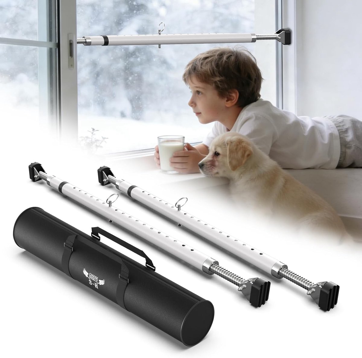 Veilige Raam- en Deurbescherming, Set van 2, Inbraakpreventie zonder Boren, Verstelbare Stang 67-116 cm, Stalen Klem met Draagtas, Veiligheidsbalk voor Ramen, Balkon- en Terrassdeuren, Schuifdeuren