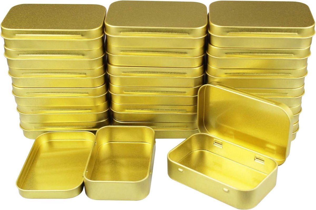 20 Stuks Rechthoekige Metalen Blikjes - Lege Scharnierdozen voor Thuisopslag, Organiseren en Creatieve Projecten - 95 x 62 x 20 mm, Goudkleurig