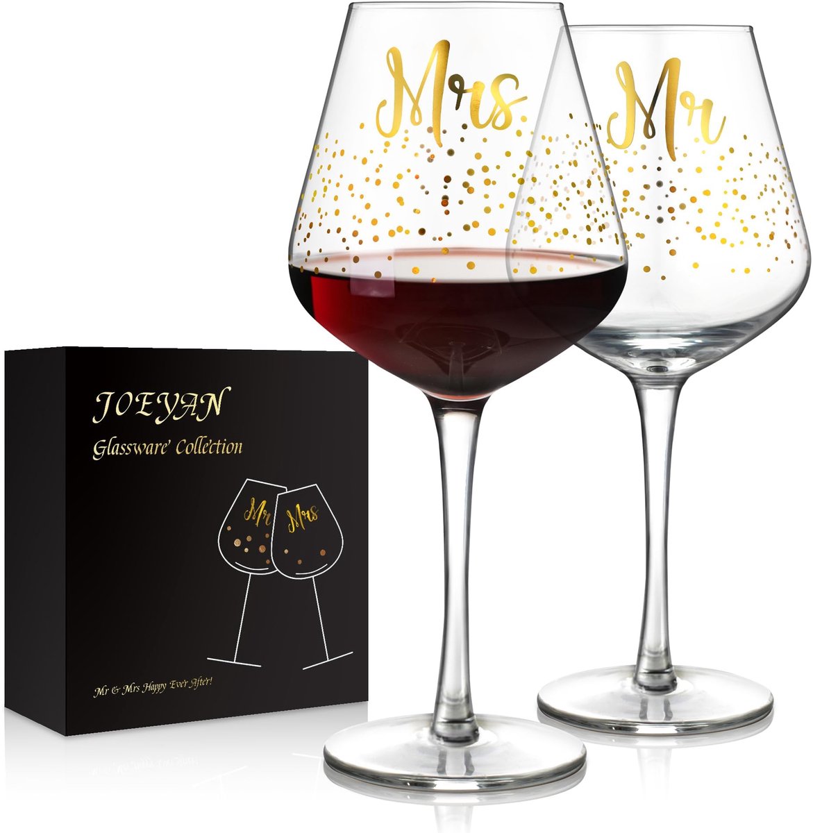 Wijnglazen set van 2 - 520 ml - mondgeblazen kristal - met gravure en gouden decoratie voor bruidspaar - ShopVlot