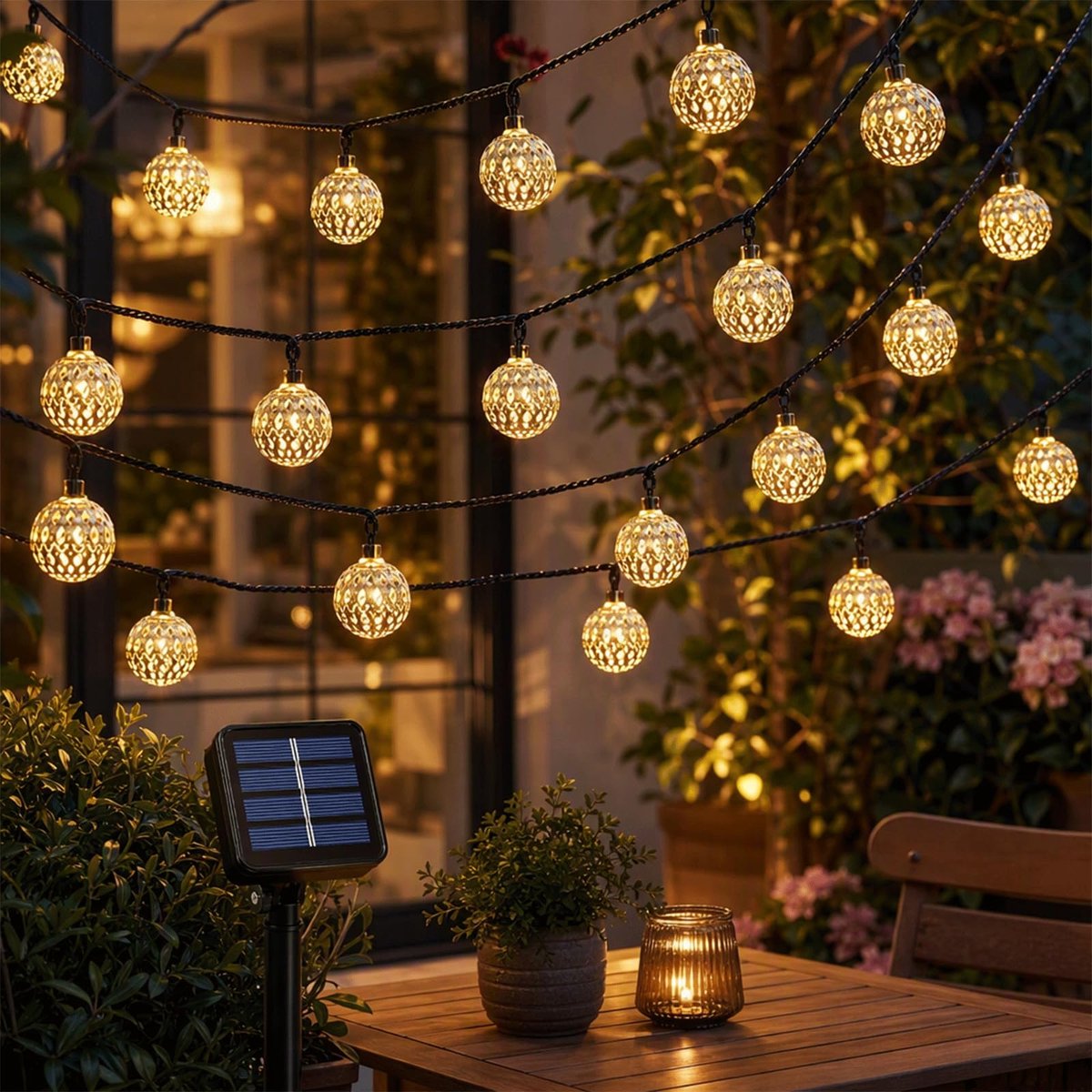 Lichtsnoer op zonne-energie 12M - 100 LED Marokkaans design - warm wit - sfeervolle tuinverlichting - ShopVlot