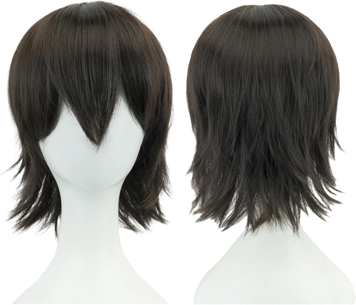 Unisex Korte Cosplay Haarperruque met Pony voor Feest en Halloween (Donkerbruin) - Perfect voor Kostuums en Theatrale Optredens