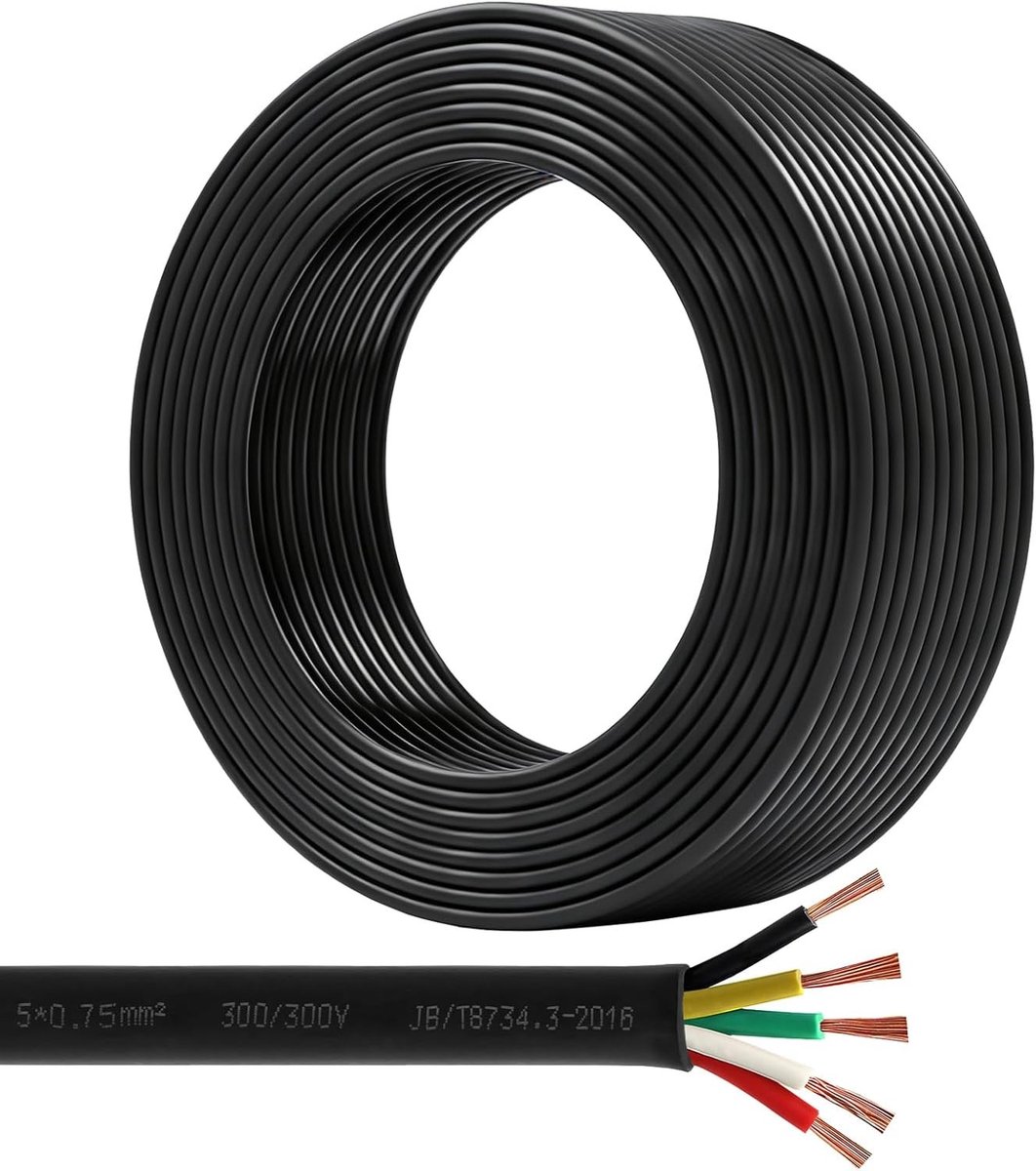5-draads kabel voor aanhangwagen 20m, zwarte trekdraad voor caravan, vrachtwagen en industrie