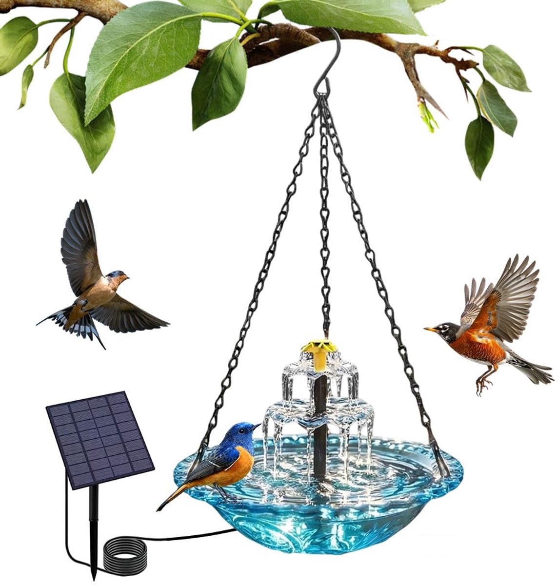 Vogelbad Fontein - Hangend met Zonnepomp - Glazen Kom - Voor een levendige tuin - ShopVlot