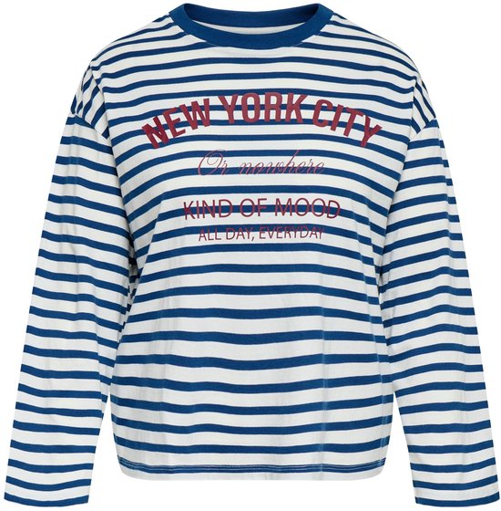 Blauw-wit gestreepte longsleeve met rode tekst: 'New York City', 'Or nowhere', 'Kind of Mood', 'All Day, Everyday'.