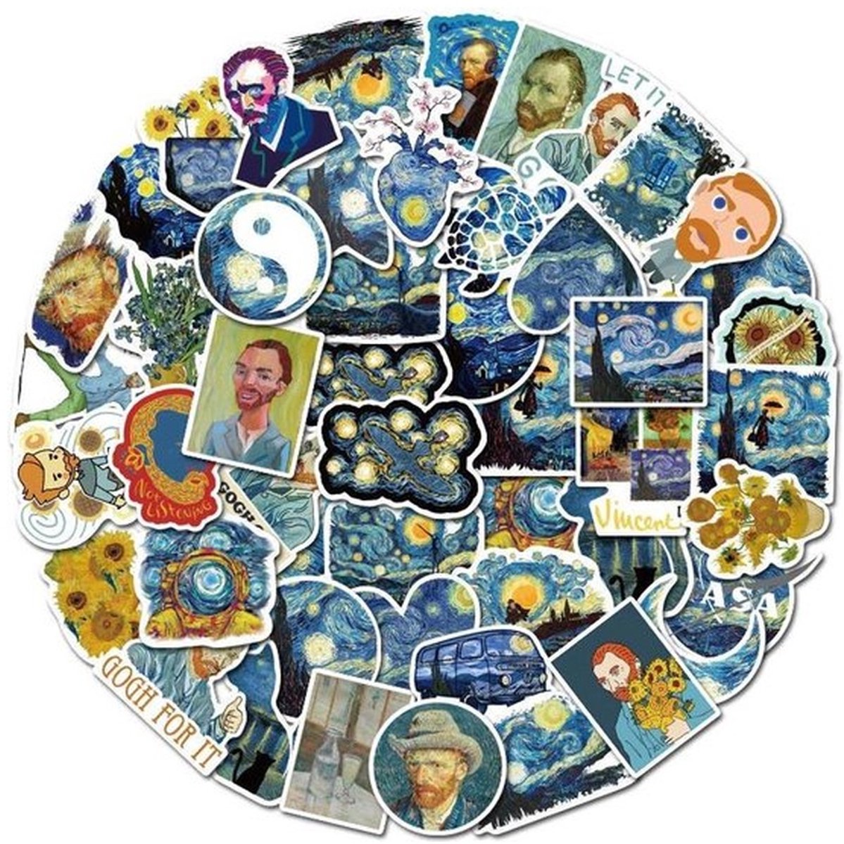 40 Vincent van Gogh Kunst Stickers – Starry Night, Zonnebloemen & Zelfportret